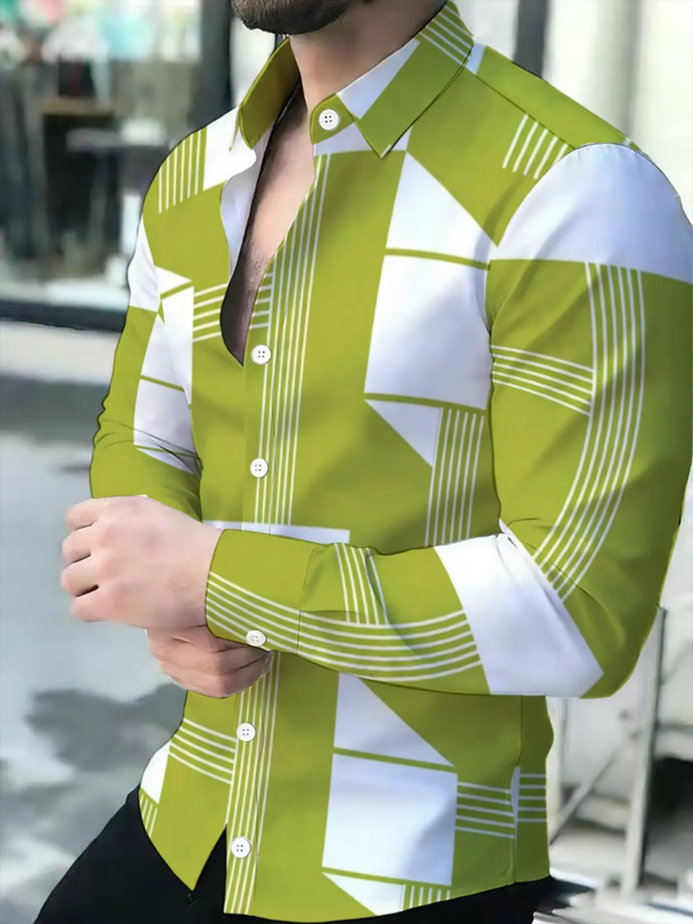Men's Green Striped & Plaid Color-Block Print Long-Sleeve Shirt, Business Casual Slim Fit, Trendy Patchwork Top