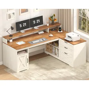 Farmhouse L Shaped Desk with Drawers, 61" Home Office Desk with Storage Cabinet and Power Outlet, L Shaped Computer Desk with Storage Shelves and Monitor Stand