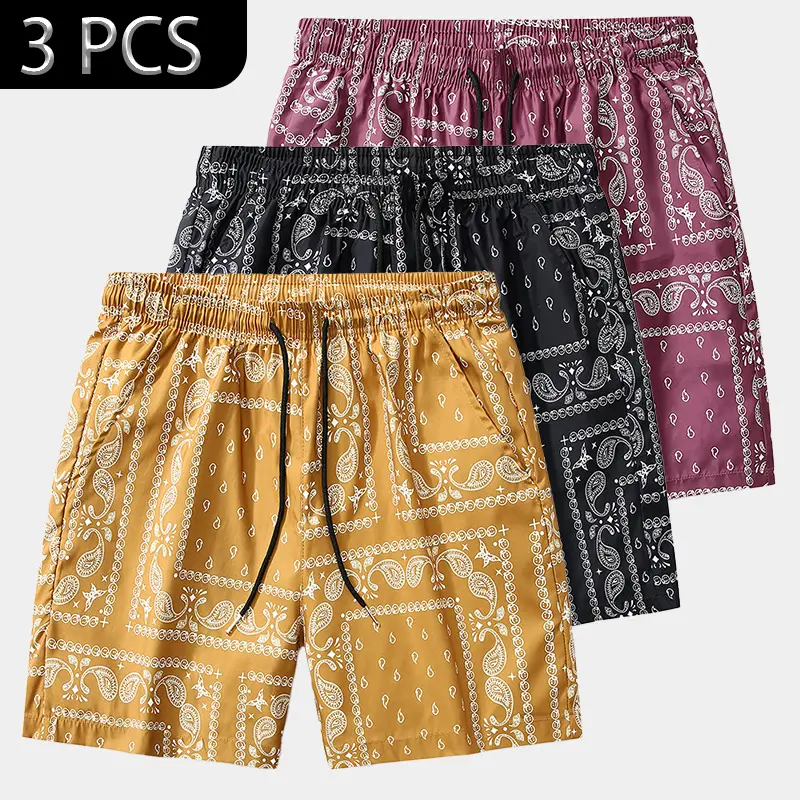Menswear Casual Paisley Print 2-Piece Set, Soft Breathable Fabric with Loose Fit Mid Waist Men's Shorts for Summer Beach, Polyester, Drawstring, Do Not Dry Clean, Cargo Pants, Fashion, New Year, Multi-Size, Yellow + Black + Purple, Orange + Black + Purple