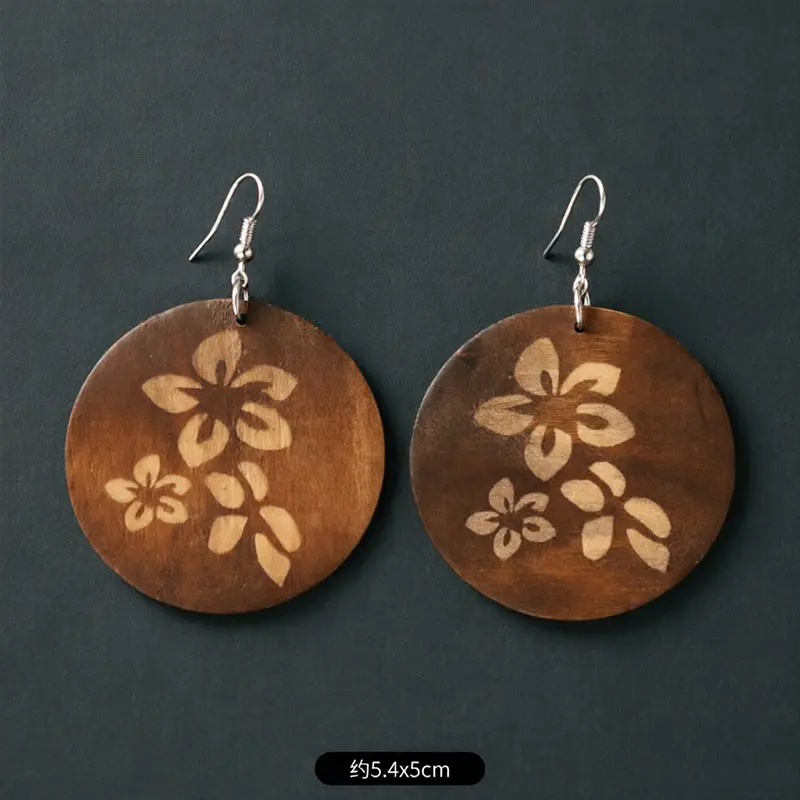 Women's Trendy Vintage Brown Wooden Hollow Flower Geometric Pendant Earrings, Female Casual Wear Hollow Pendants Aesthetic Costume Jewelry Accessories