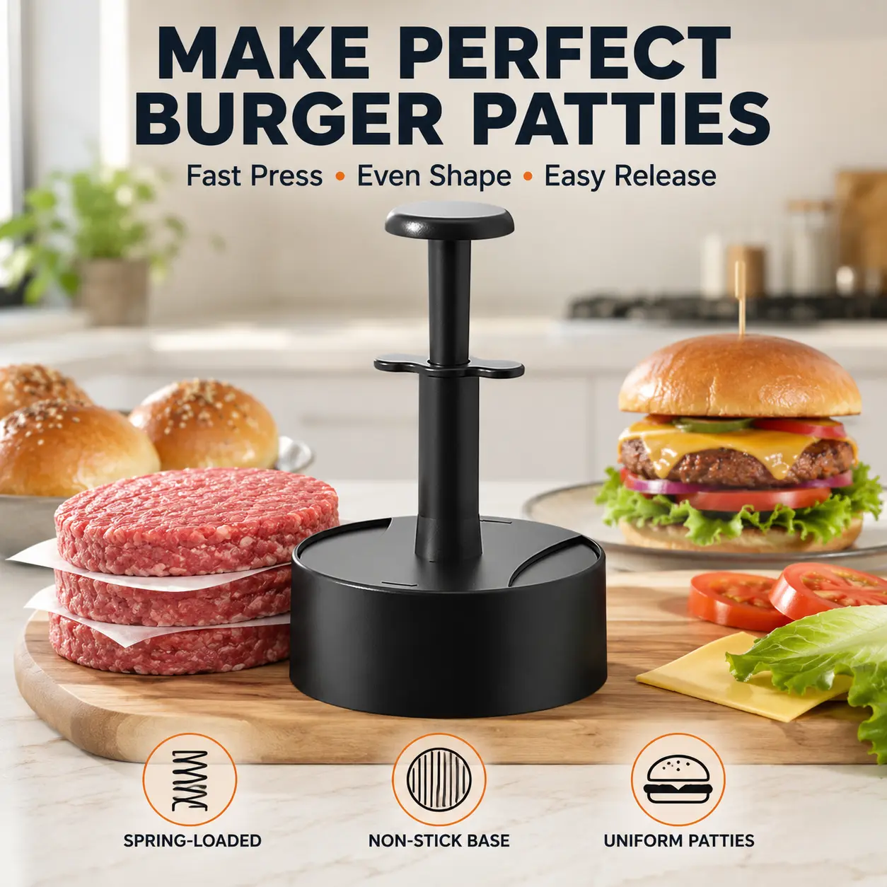 Black Non-Stick Hamburger Meat Press - 1-Count Camp Kitchen Utensil, Adjustable Mold Machine for Indoor-Outdoor Cooking, Utensils
