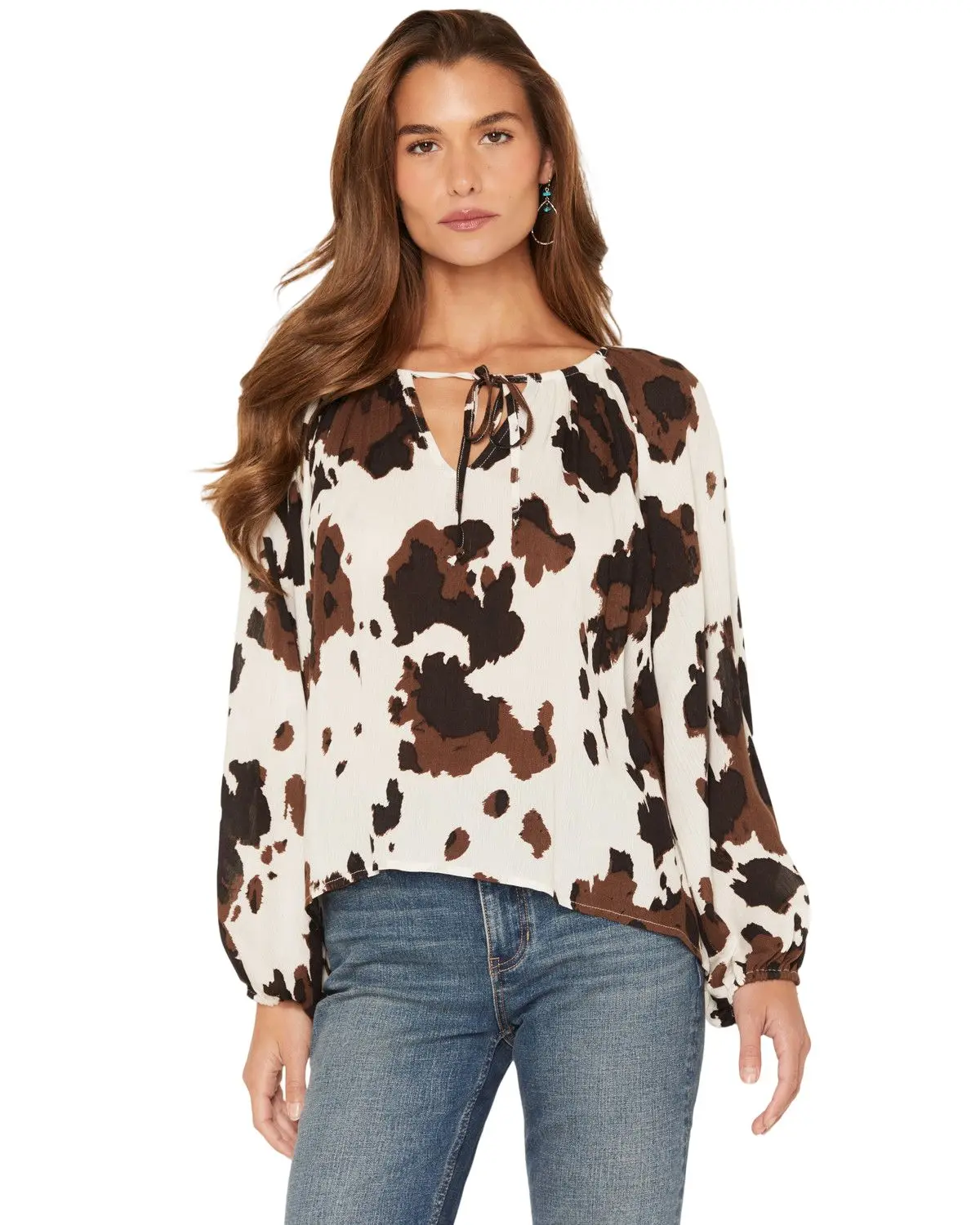 Wild Moss Women's Women'S Cow Print Long Sleeve Peasant Top - Ima5941b-72053