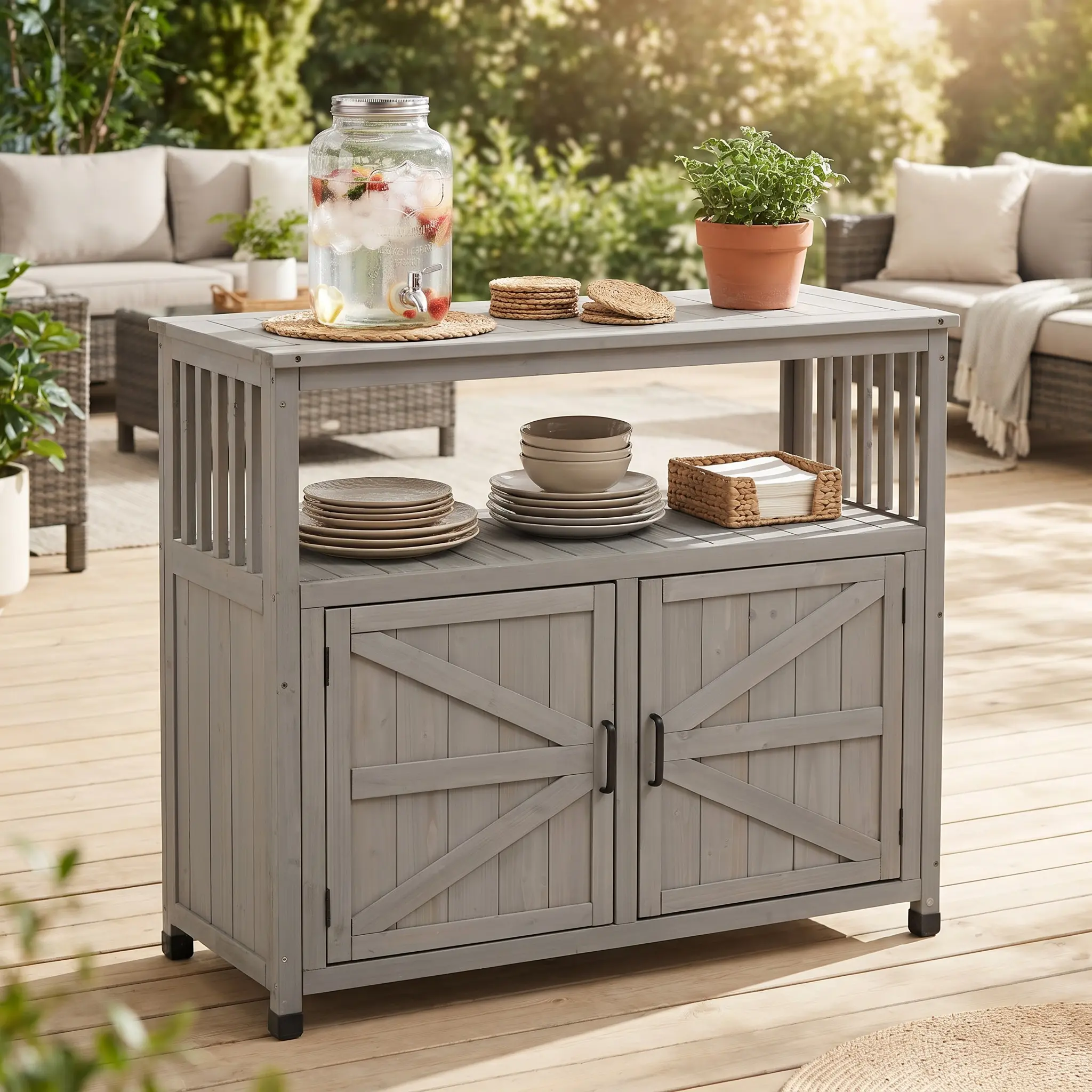 Solid Wood Outdoor Buffet Cabinet, Slatted Sideboard-Style Bar Table with Storage Space for All Seasons Indoor and Outdoor Use, Outdoor/Indoor