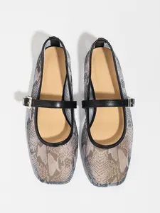 French Vintage Classic Square Toe Mary Jane Shoes for Women, Flat Casual Ballet Flats, Snake Print Mesh Slip-Ons, Adjustable Flats, Textile Upper, Rubber Sole, Walking Shoes, Footwear, Casual Trendy Flat