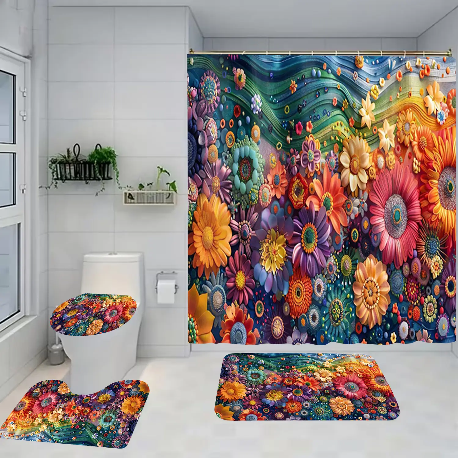 1/4 piece flower sea design bathroom set, Shower curtain sets, including soft floor mat, toilet seat cushion, shower curtain, home decoration, floor mat with good rebound, water absorption, anti slip, Bathroom Decoration Accessories