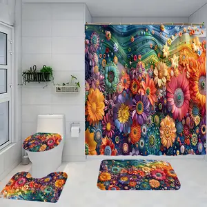 1/4 piece flower sea design bathroom set, Shower curtain sets, including soft floor mat, toilet seat cushion, shower curtain, home decoration, floor mat with good rebound, water absorption, anti slip