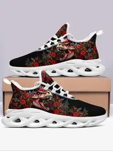 Men's Floral & Dragon & Skull & Flame Print Lace Up Low Top Sneakers, Casual Comfortable Breathable Sports Running Shoes, Male All-match Round Toe Shoes for Daily Wear