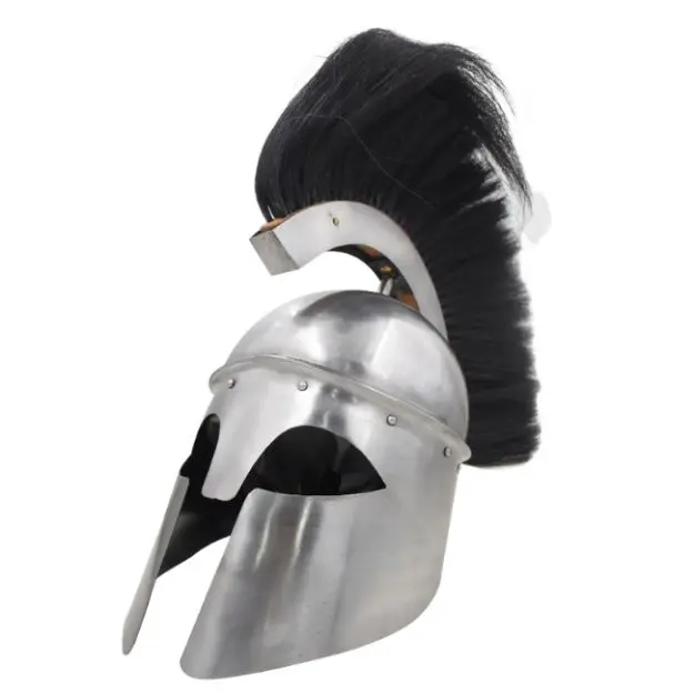 Medieval Warrior Greek Corinthian Helmet with Black Plume Crest, Full-Size Wearable Helmet, Includes Wooden Display Stand