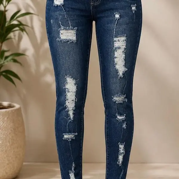 Women’s High-Waist Distressed Stretch Skinny Jeans - Ripped Slim-Fit Blue Denim Pants