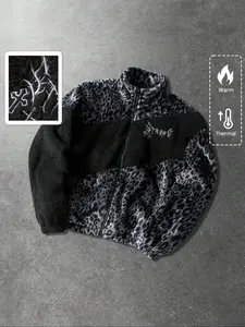Men's Leopard Print Patchwork Jacket Coat, Fall Winter Fleece Lined Thickened, Casual Style, Unisex Design