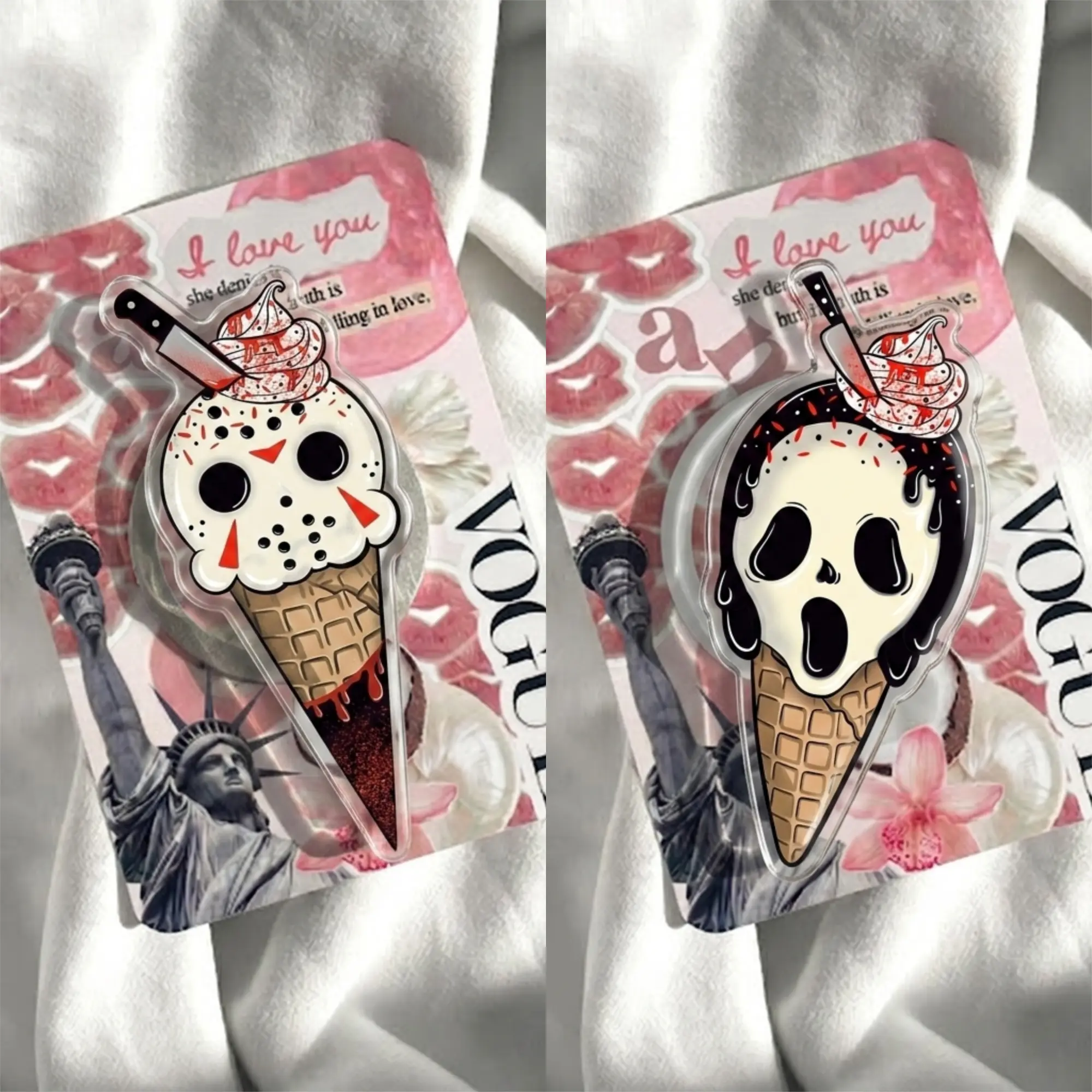 Masked Ice Cream Acrylic Phone Grip, Creepy Cute Phone Stand Holder, Pink Red Horror Dessert Accessory, Spooky Halloween Gift for Her and Teens