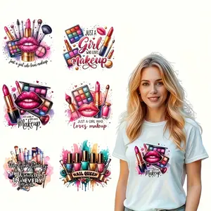 6-Piece Vibrant Beauty Transfer Stickers, Colorful Cosmetic Design Vinyl Decals for DIY T-Shirts, Hoodies, Jeans, Bags, Creative Crafts