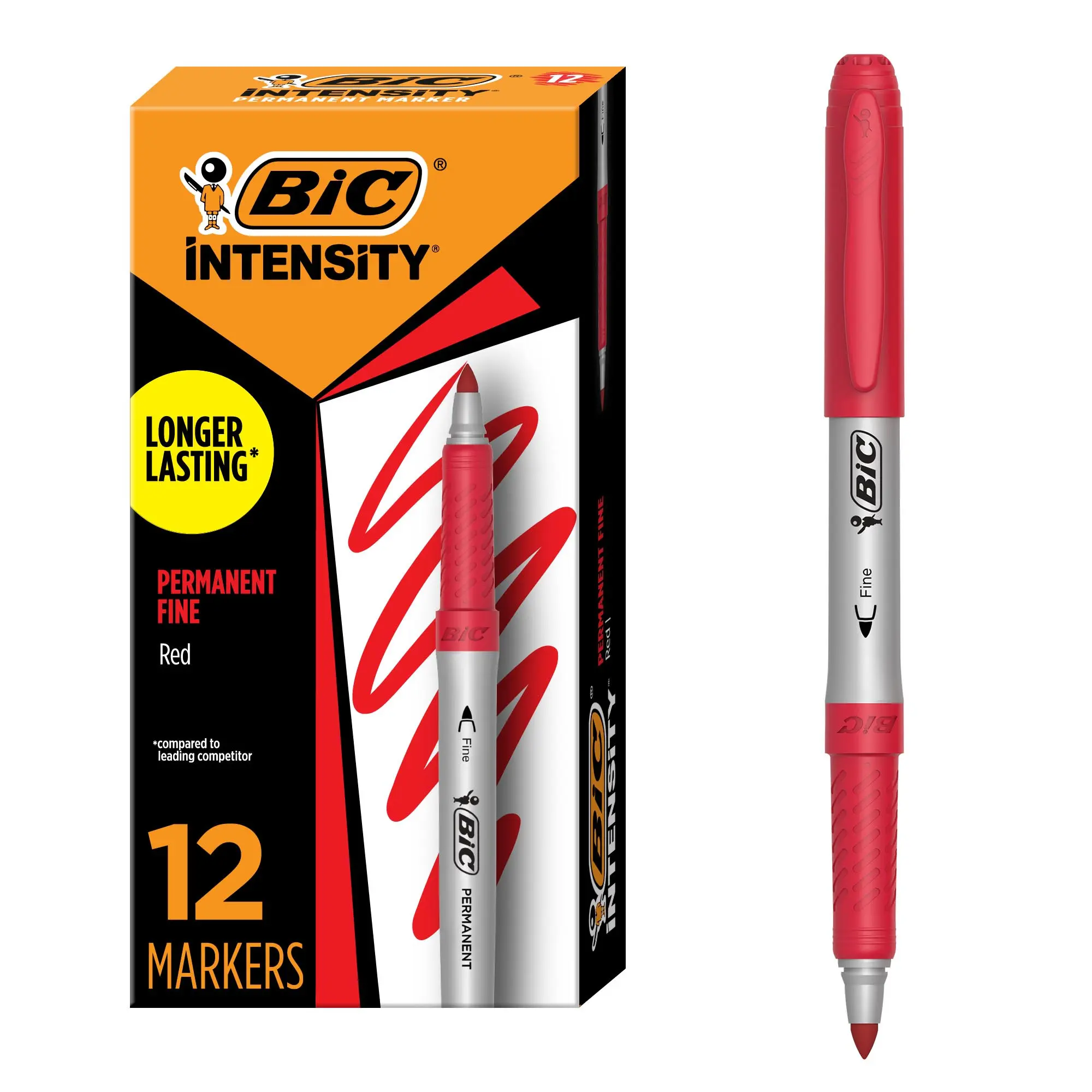 BIC Intensity Red Permanent Markers, Fine Point, 12-Count Pack, Non-Slip Grip for Comfort & Control, ACMI-Approved, Snap Seal, Bold Colors, Crisp Lines, Office Stationery Writing Tool for Back to School Haul