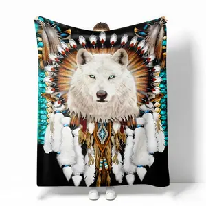 Native American White Wolf Flannel Blanket, Featuring Sacred Feather Headdress & Totem Necklace, Soft, Cozy, All-Season, Perfect for Home Decor, Nap, and Gift for Spirit Animal Lovers