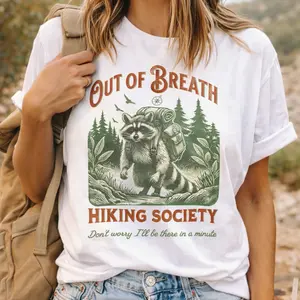 Out Of Breath Hiking Society T-Shirt, Funny Raccoon Hiking Graphic Tee Vintage Nature Lover Shirt Unisex Cotton Casual Outdoor Adventure Top Gift for Hikers Campers Trendy Aesthetic Outfit
