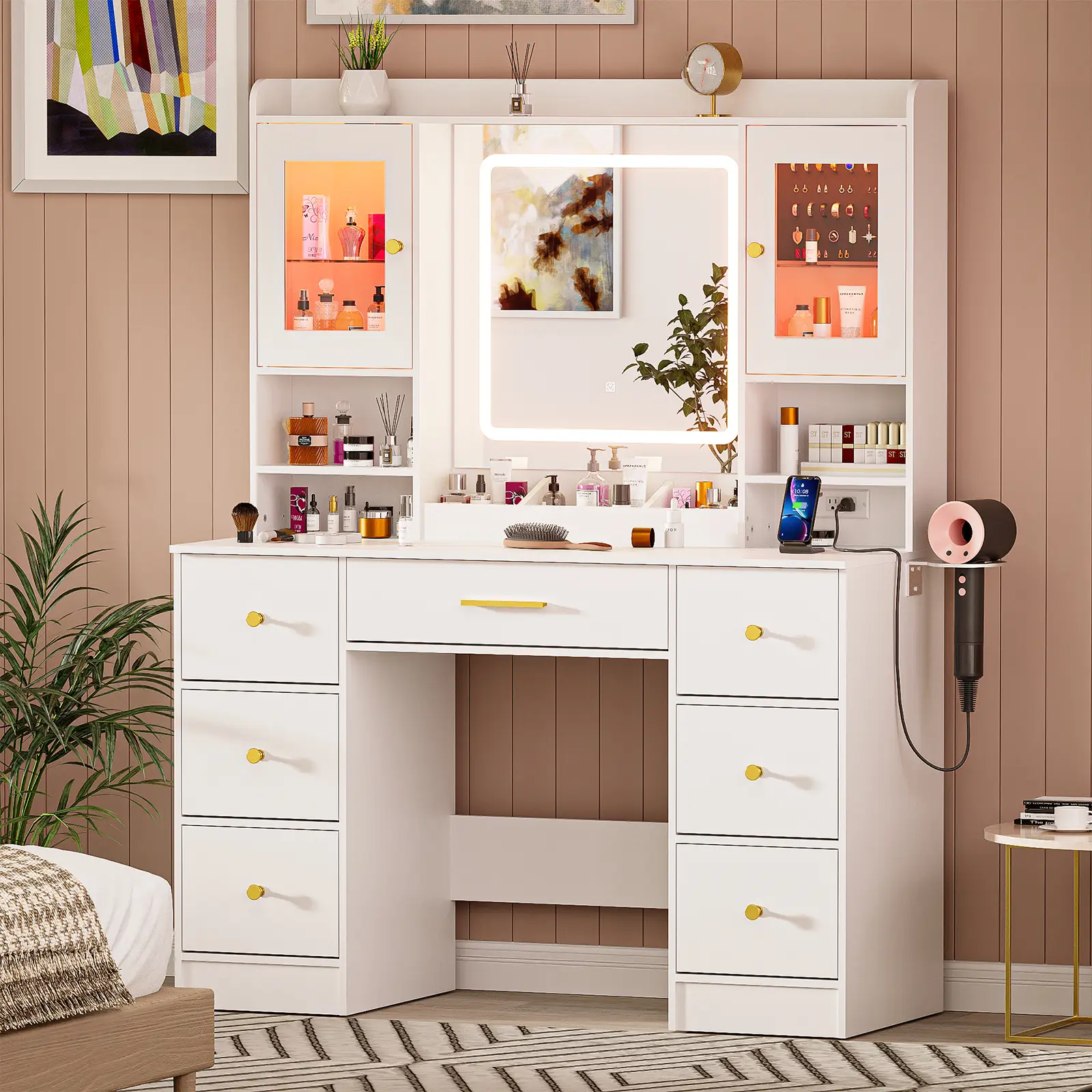 7 Drawers White Vanity Table with Power Outlet and Lighting Mirror, Large Makeup Vanity Desk with RGB Cabinets, Hair Dryer Rack and Jewelry Organizer