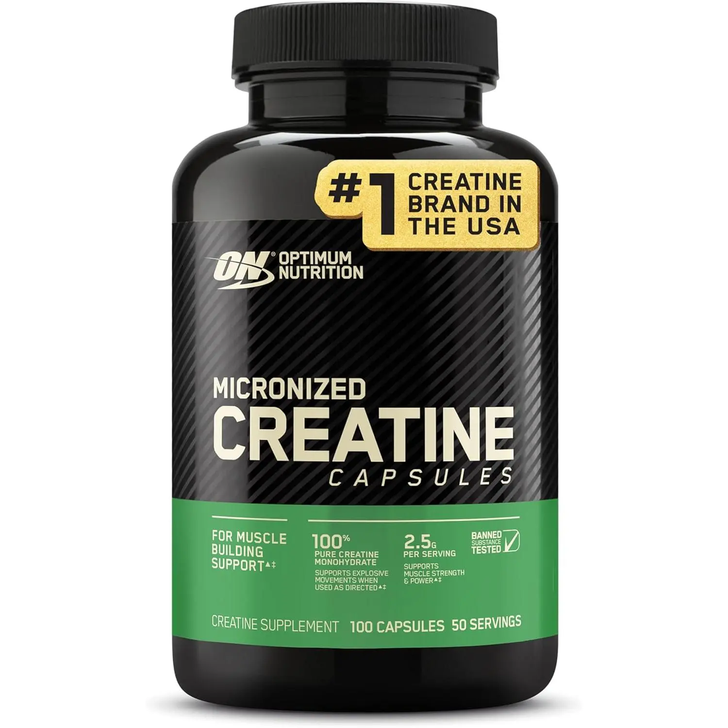 Optimum Nutrition Creatine, Micronized Creatine Monohydrate Capsules, Supports Strength & Recovery, Banned Substance Tested, 2.5g per Serving, 50 Servings, 100 Count | Micronized Creatine Monohydrate Capsules, Easy to Swallow, Keto Friendly