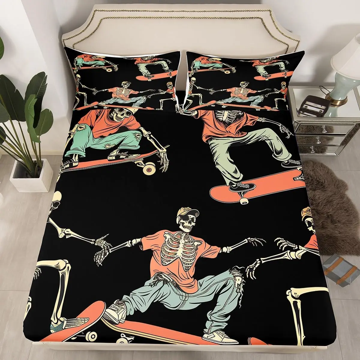Feelyou Microfibre Skateboard Sugar Skull Bedding Set, Hip Hop Hippie Style Fitted Sheet Set with Quick-Dries, Machine-Washable Print & 1 Orange-Black Room Decor