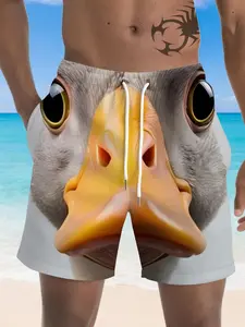 Men's Summer Quick-Dry Beach Shorts, Realistic Duck Head 3D Print, Loose Fit Drawstring Half-Length Casual Vacation Shorts