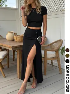 Women's Casual Basic Two-Piece Set, Short Sleeve Crop Top & Front Button Split Skirt, Summer Fashion, Comfortable and Stylish