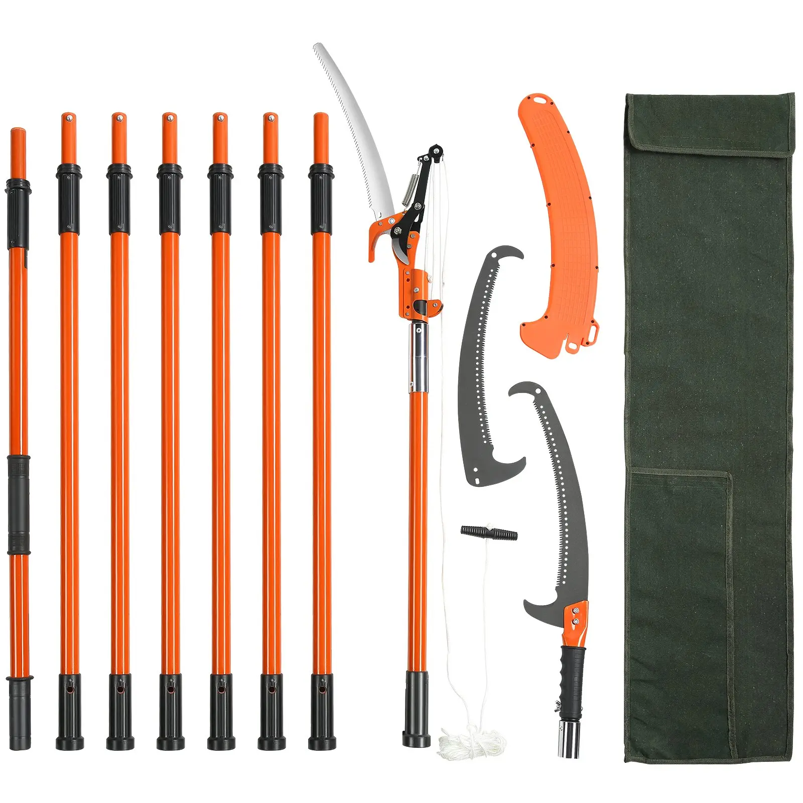 【Summerfinds】VEVOR Manual Pole Saw 7.3-27 ft Extendable Tree PrunerSharp Steel Blade High Branches TrimmingManual Branch Trimmer with Lightweight 8 Fiberglass Handlesfor Pruning Palms and Shrubs, Cutting, Tool Kit