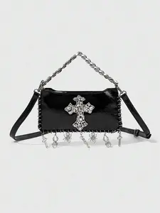 Punk style niche design cross shaped handbag with chain handle design, fashionable chain strap, multi back fashion retro personality exquisite texture single shoulder crossbody bag, suitable for shopping, parties, and events, lightweight and easy to carry