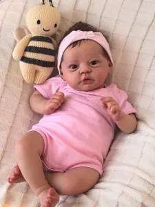 Evi 19" Realistic Baby Doll with Brown Hair & Blue Eyes Life-Size 48cm Soft Body in Pink Onesie with Magnetic Pacifier Feeding Set Gift For Kids