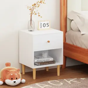 23.22"H White Wooden Nightstand - 1 Drawer & 1 Shelf, Sturdy MDF/Pine Legs, 40LBS Top/Shelf & 15LBS Drawer Capacity, for Adults