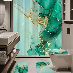 1/4pc green cracked marble pattern bathroom set, The 4-piece set includes a single shower curtain, anti slip floor mat, toilet U-shaped mat, toilet lid mat, with shower curtain hook, and belongs to bathroom decoration products