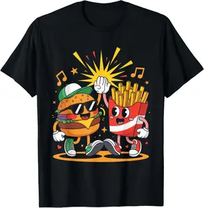 Casual Cotton shortsleeve tees Burger And Fries High Five Cool Friends Funny T-Shirt