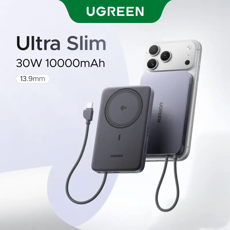 UGREEN Magflow Air Qi2 Magnetic Power Bank 10000mAh, 15W Wireless Portable Charger with Built-in USB-C Cable, 30W Fast Charging Battery Pack,MagSafe Compatible for iPhone 17/16/15/14 Pro Max,Summer Sale tiktokshopbacktoschool