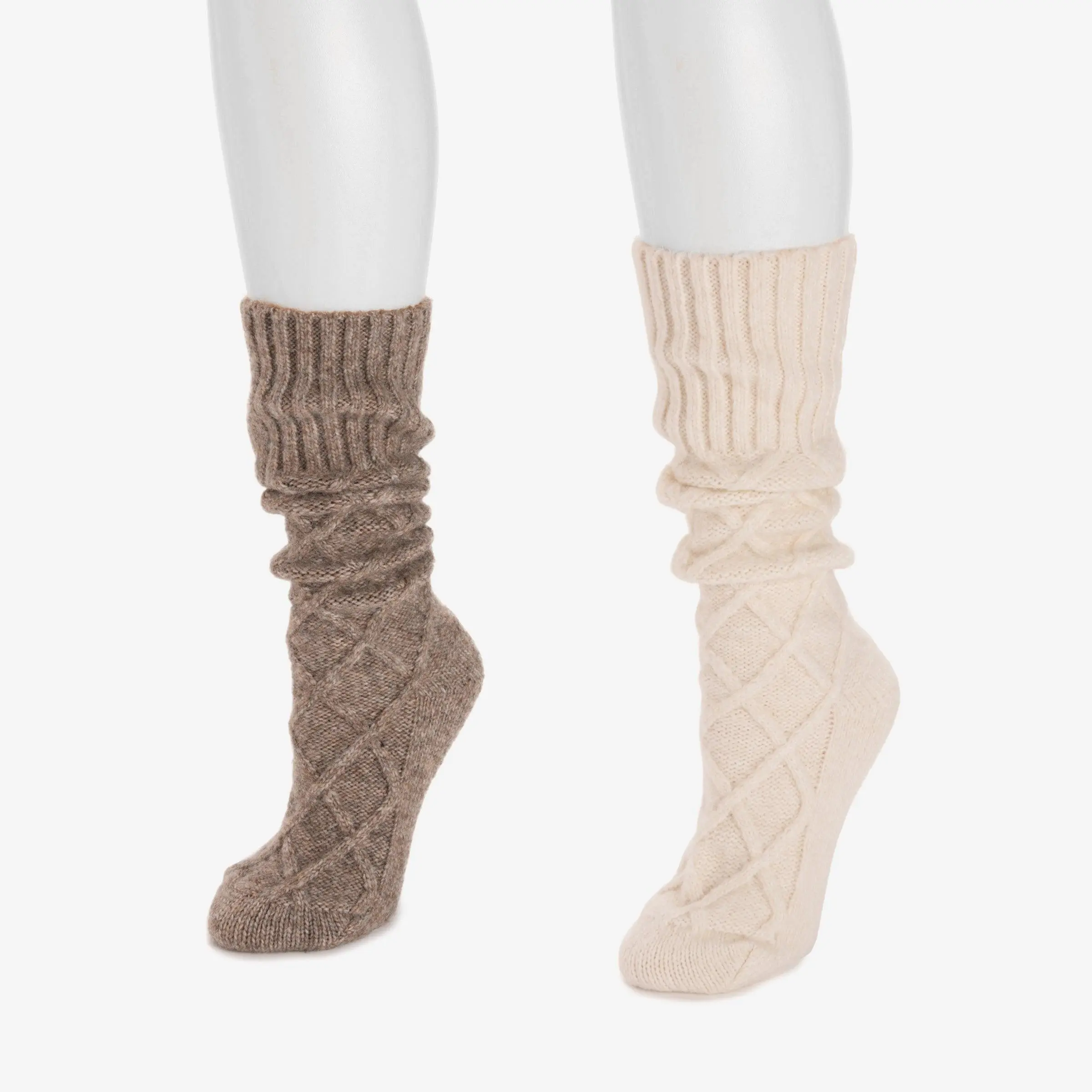 Women's 2-Pack Cable-Knit Sweater Socks in Timberwolf & Ivory, Elegant Luxe Mid-Calf Style for Cold Weather Layering, Elegance, Timberwolf-Ivory Pack, Textured, Tall