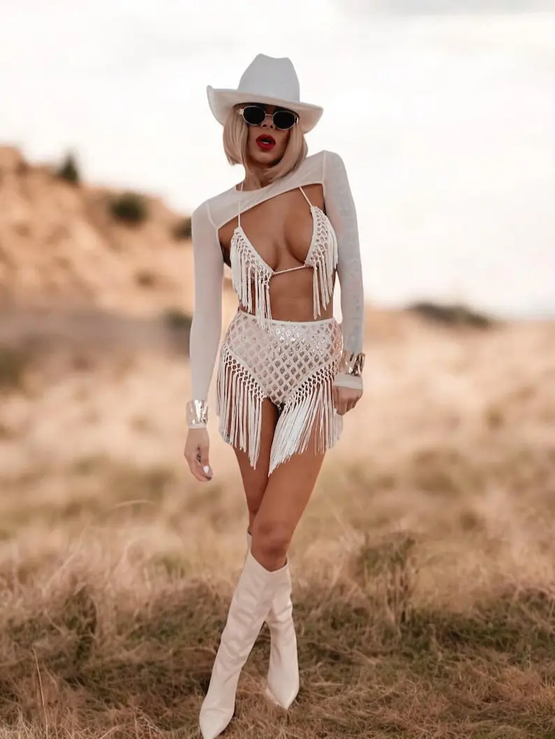 Rose Gold Fringe Goddess Festival Set Sequin Fringe Cowgirl Outfit Festival Rave CountryGirl Outfit Three Piece Bachelorette Party Outfit Clothes Costume