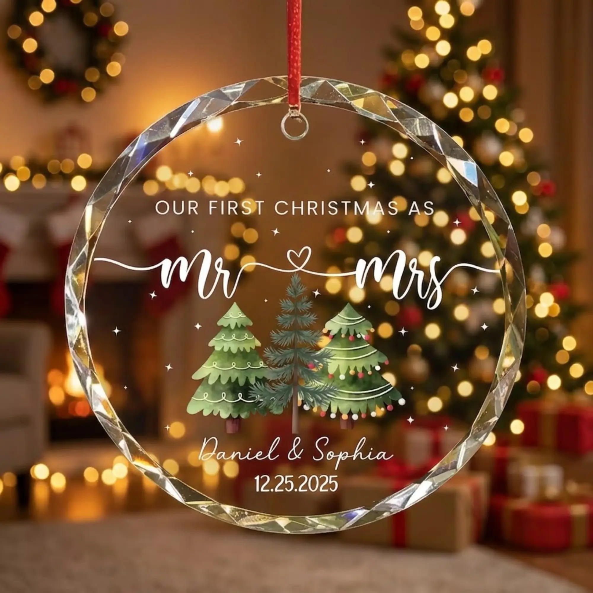 Our First Christmas as Mr and Mrs Ornament, Newlywed Gift, Custom Names and Wedding Date, Circle Glass or Acrylic Christmas Keepsake