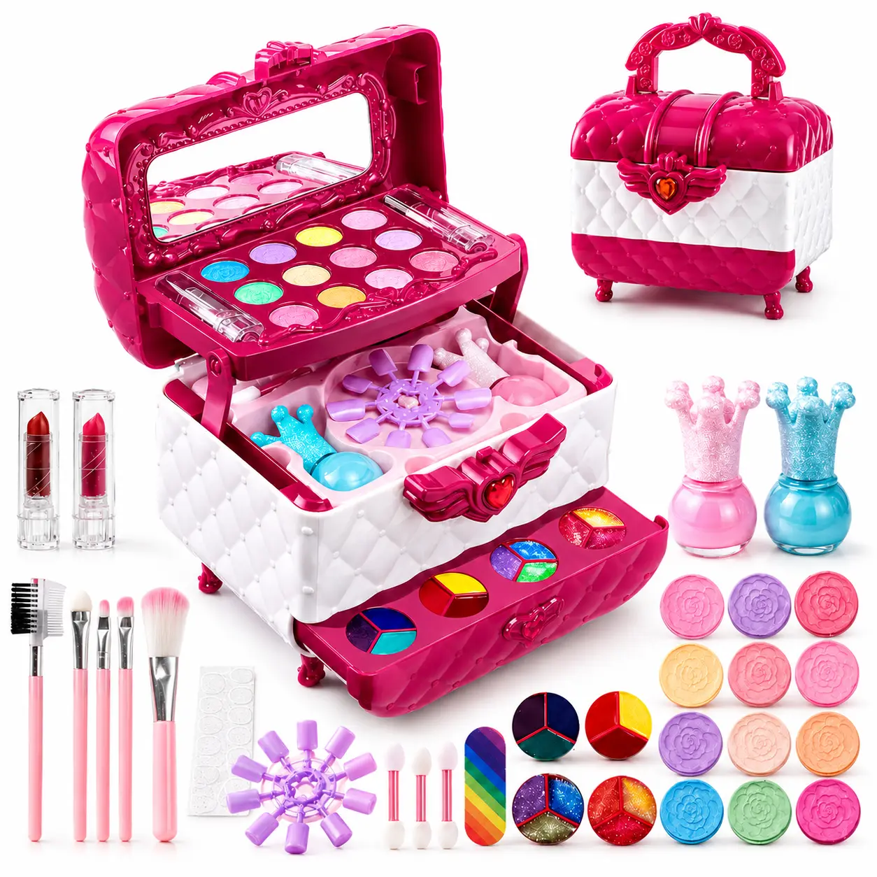 Kids Washable Makeup Set for Girls, Real Cosmetic Toy Makeup Kit with Mirror Case, Princess Pretend Play Beauty Set Gift for Toddlers