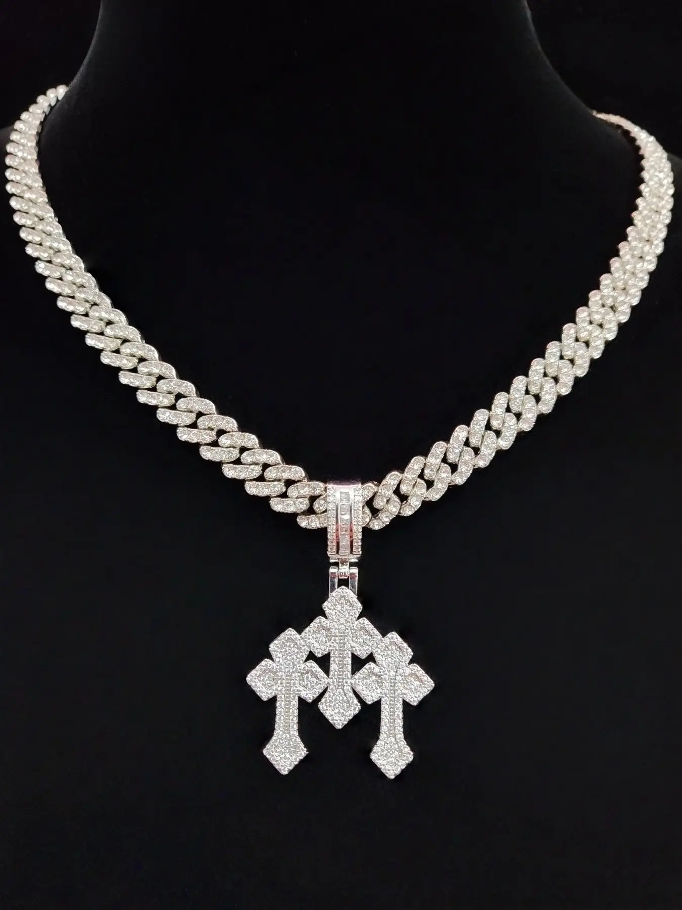 Artificial Zircon Cross Pendant Necklace with 9mm Cuban Chain, Men's & Women's Hip Hop Punk Jewelry, Fashion Vintage Accessory for Daily Wear or Party
