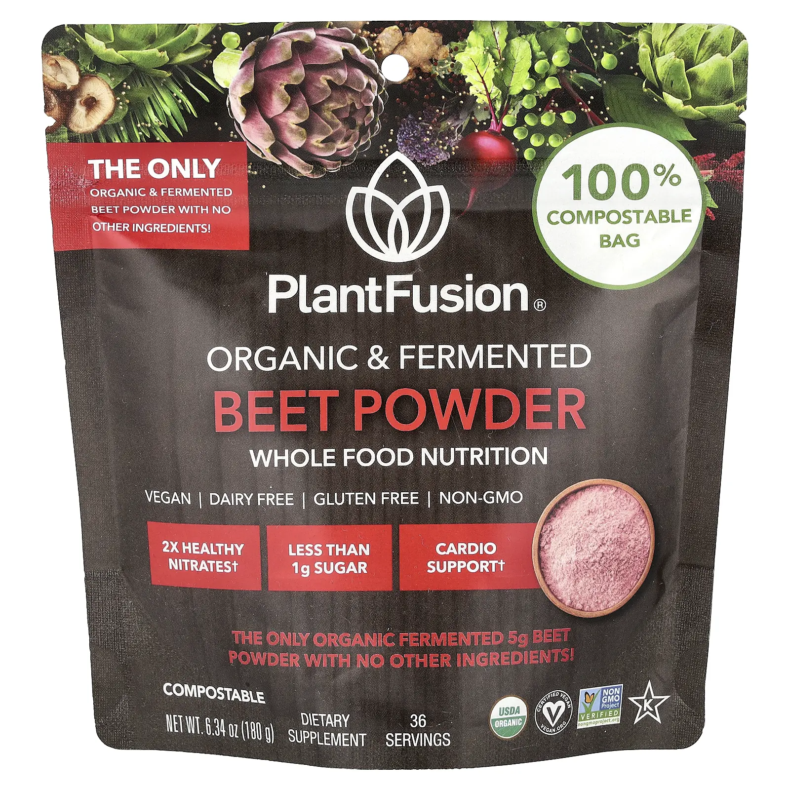 PlantFusion Organic & Fermented Beet Powder, 6.34 oz (180 g)