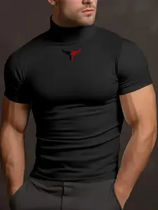 Men's Summer Casual High Neck Short Sleeve Comfortable Breathable Medium Stretch Fashion T-Shirt, Stylish and Comfy Tee for Daily Wear