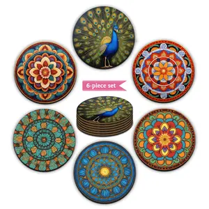 6pcs Diwali Decoration Round Wood Print Coasters Peacock Pattern for Beverages, Coffee and Tea Ideal Home and Restaurant Decor Gifts