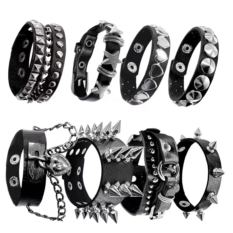 8pcs Punk Gothic Faux Leather Bracelet Set, Studded Spiked Star And Heart Wristbands, Adjustable Street Style Unisex Jewelry, Festival Gift, For Teenager