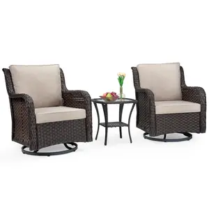 Garvee 3 PCS Patio Rattan Bistro Set, Outdoor Swivel Rocker Patio Chairs with Coffee Table, 360° Rocking Patio Conversation Set with Thickened Cushions，Outdoor Furniture for Backyard Garden Porch