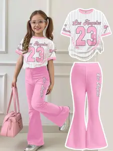 Teen Girls' Two-Piece Set with Bright Bow Striped Letter and Butterfly Print Short T-Shirt, Casual Loose Flared Pants for Summer Outfit