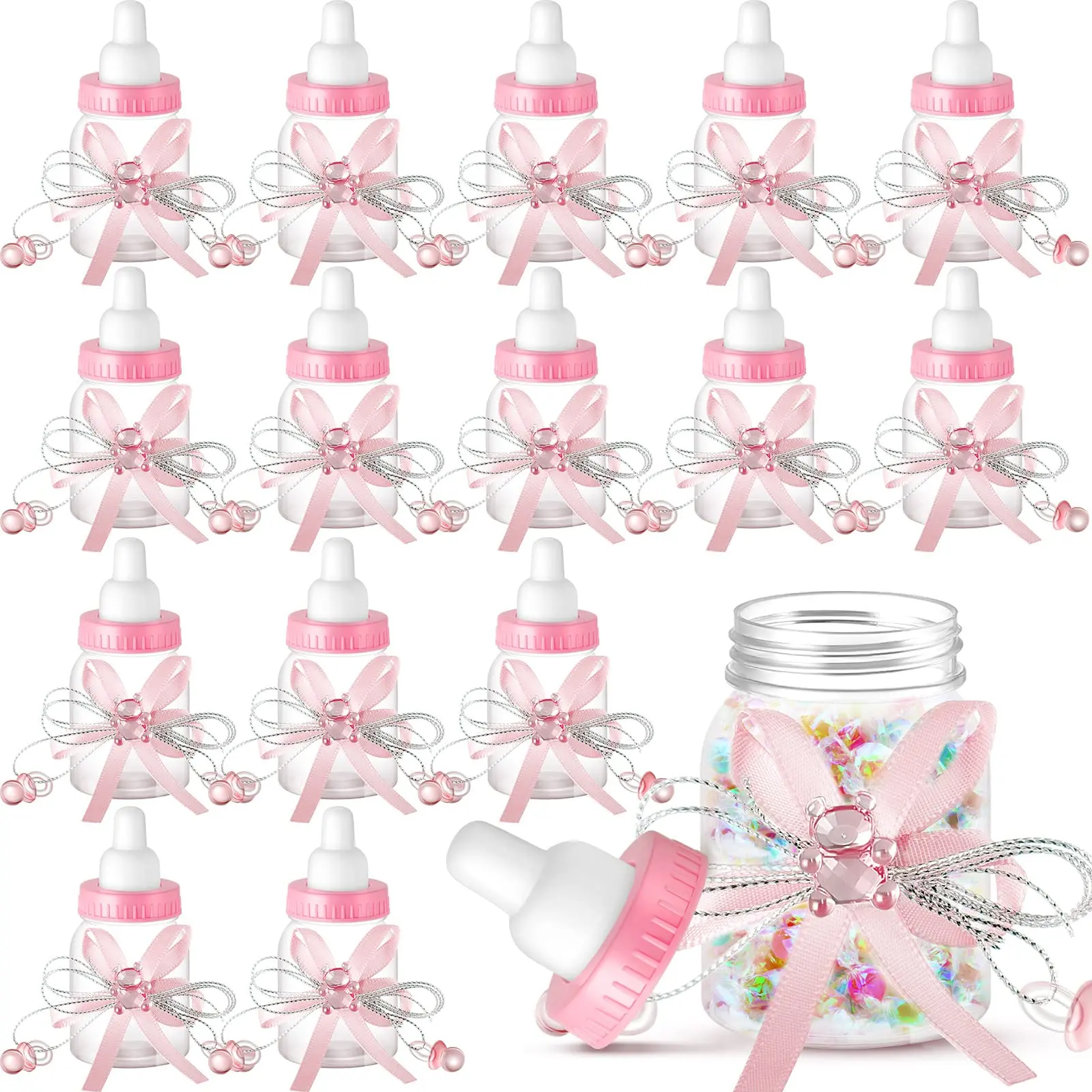 48 Pcs Baby Shower Bottles Mini Milk Bottle Plastic Bear Candy Bottles with Ribbon Baby Shower Wedding Gift for Guest Christmas Pink