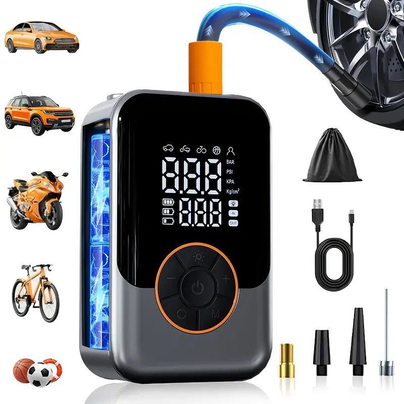 Portable wireless air compressor tire inflator, Tire inflation tool - equipped with digital pressure gauge, emergency LED light, rechargeable battery, suitable for car, motorcycle, bicycle tires and sports balls