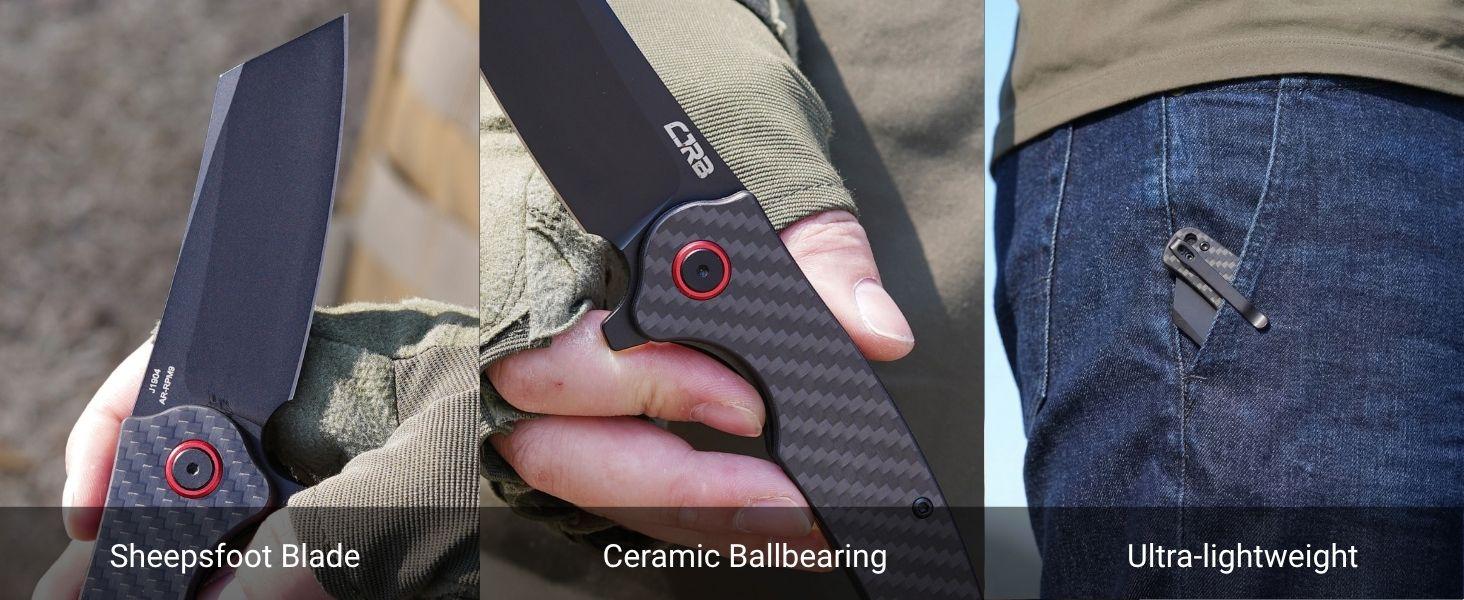 CJRB CRAG Tool Knife J1904 with AR-RPM9 Steel and Black PVD Blade Carbon Fiber Handle, Camping Folding Knives for Outdoor, Everyday Carry and portable multipurpose knives, tactical knives