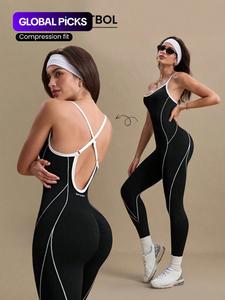 Women's Colorblock U Neck Adjustable Strap High Elastic Yoga Jumpsuit, Sporty Sleeveless Fitness, All Season Comfortable Wear
