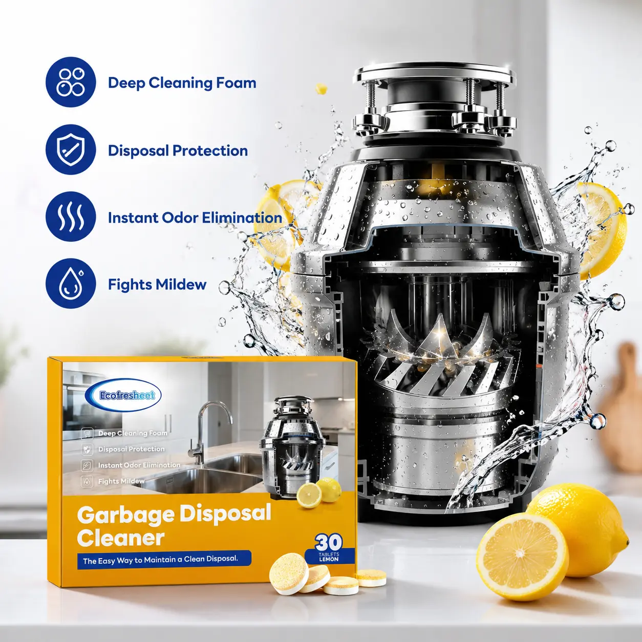 Garbage Disposal er And Deodorizer Tablets 30 Pack - 1 Year Supply Kitchen Sink er And Deodorizer, Septic Safe Foaming er, Lemon Scent, Removes Odor-Causing Residues Household Cleaner cleaning supplies and tools