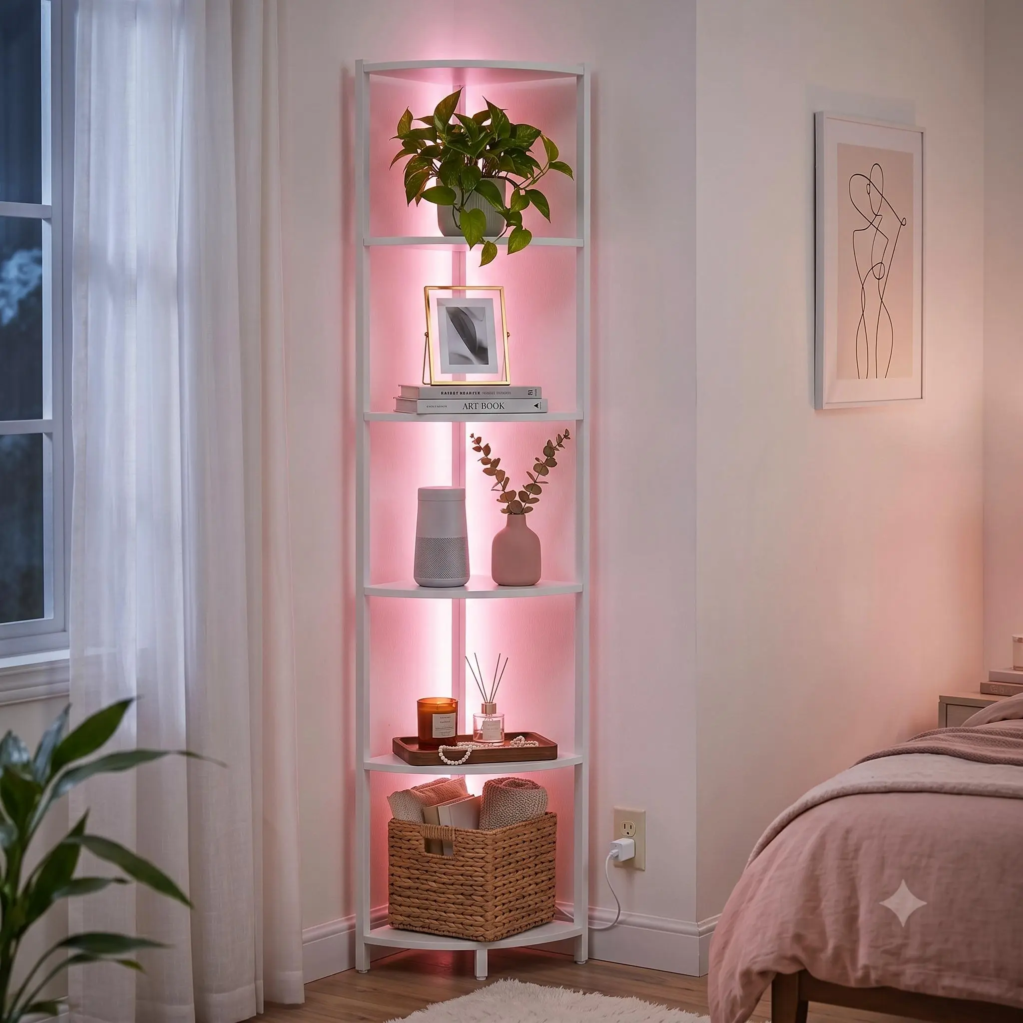 6-Tier Corner Bookshelf, Corner Shelf with LED Lights, 66'' Organizer Book Shelf Shelves Steel Frame Display Stand with Living Room, Bedroom, Study, White