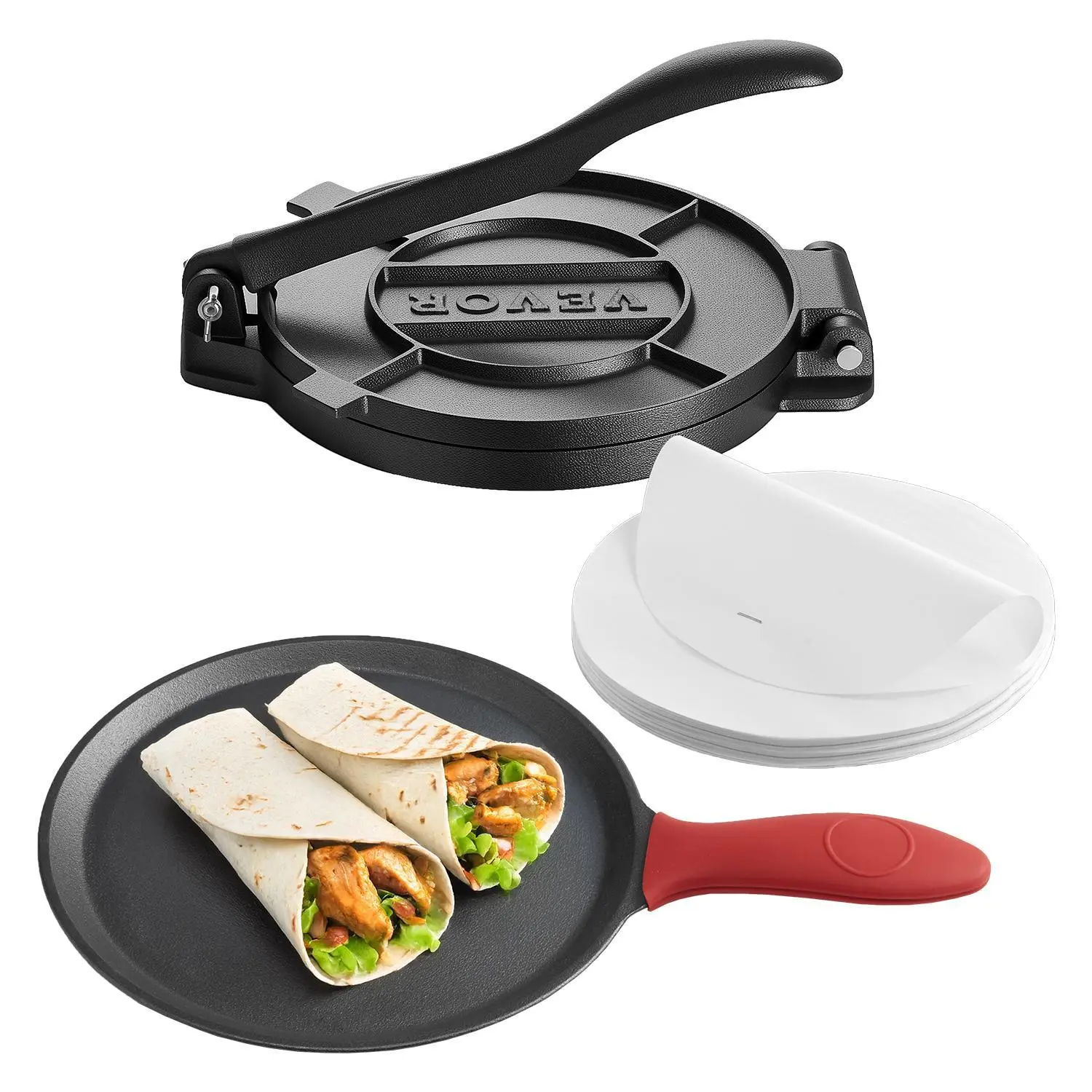 【Summerfinds】VEVOR Tortilla Press,  , 10 Inch Cast Iron Tortilla and Roti Maker, Heavy Duty Tortilladora Press, Pataconera Makers with Handle and 100 Pcs Parchment Paper, Dough Taco Press for Flour Tortilla, Tawa