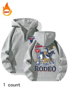 Men's Spring Fall Winter Fleece Hoodie, Fitted, Long Sleeve, Western Cowboy Print, Graphic Hoodies, Half Zip Design, Casual Streetwear, Retro Style, All Seasons, Fleece Sweatshirts, Casual Hooded Sweatshirt